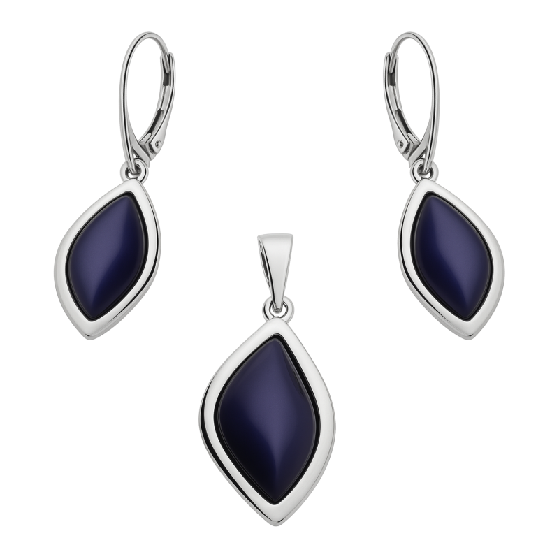 Srebrny Komplet Łezka z Kobaltową Perłą - Kolczyki i Zawieszka