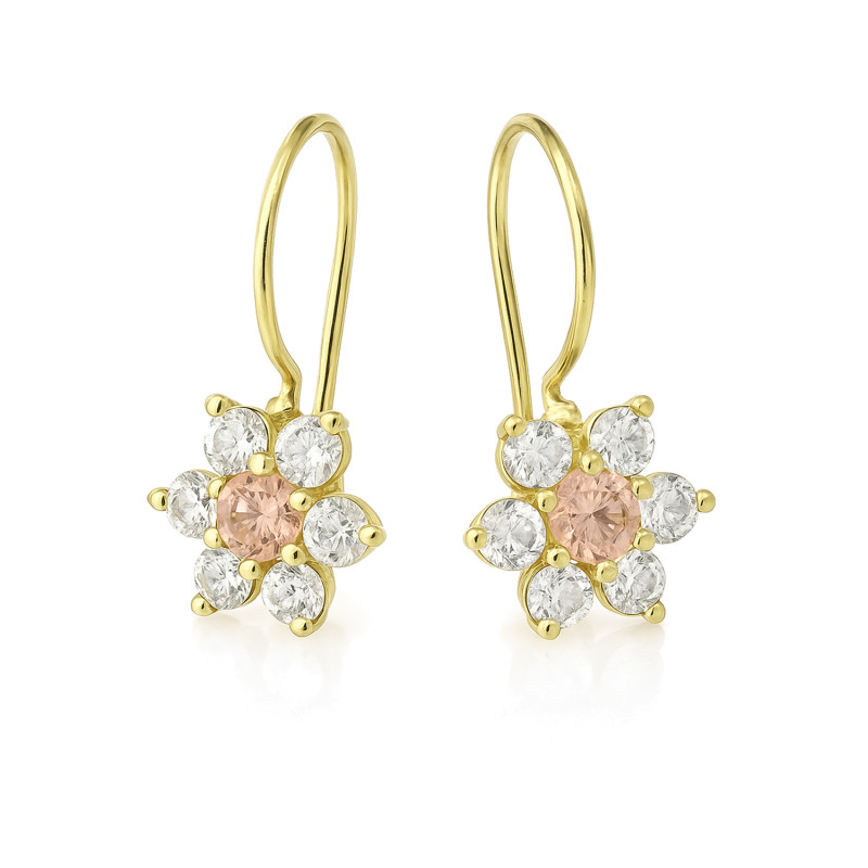 Kolczyki złote dla dziewczynki kwiatki na biglu z różową cyrkonią próba 585