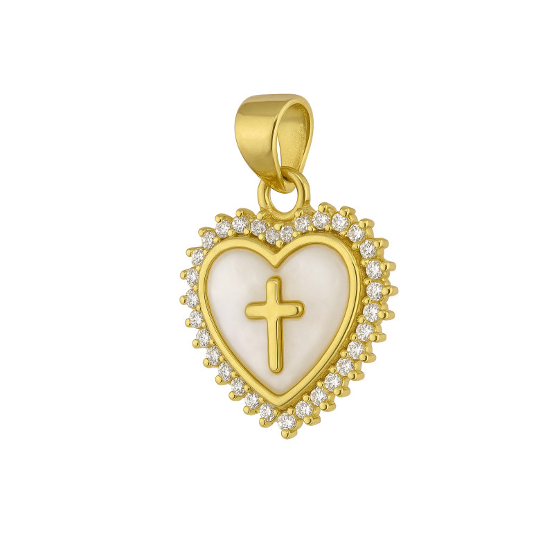 Krzyżyk złoty w sercu z masą perłową