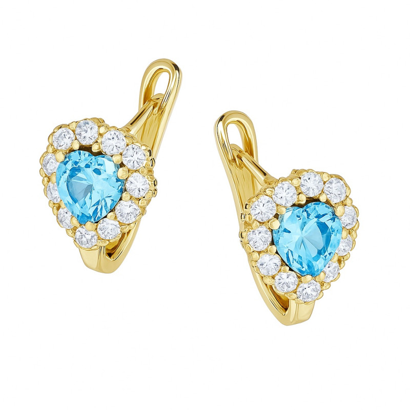 Kolczyki złote dla dziewczynki błętitne serce otoczone cyrkoniami próba 375