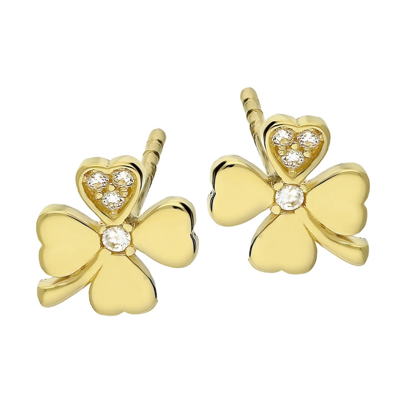 Kolczyki złote koniczyna z łodygą z cyrkoniami próba 375