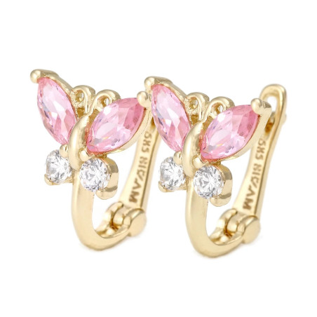 Kolczyki złote motylki z jasno różową cyrkonią próba 585
