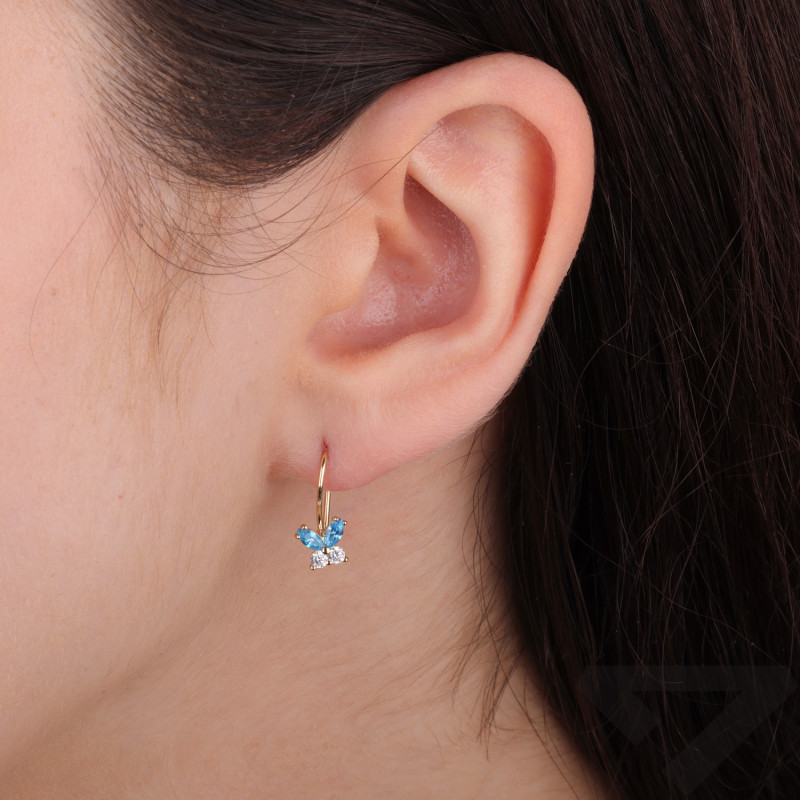 Kolczyki złote dla dziewczynki z motylkami z cyrkonii próba 585