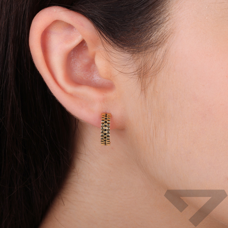 Kolczyki złote półkółka z czarną cyrkonią zapinane na sztyft próba 375