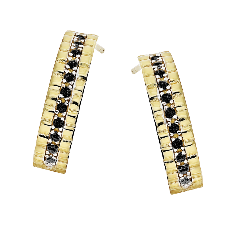 Kolczyki złote półkółka z czarną cyrkonią zapinane na sztyft próba 375