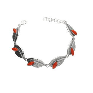 Bransoleta srebrna liście z koralem jubilerskim