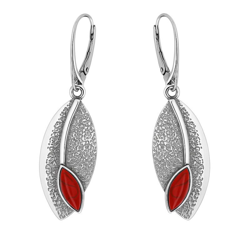 Srebrne Kolczyki Liście z Koralem - JubilerSezam.pl