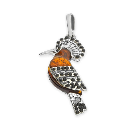 Zawieszka srebrna ptak dudek z bursztynem koniakowym