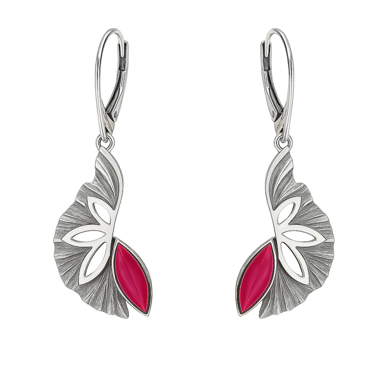 Kolczyki srebrne wachlarz z malinowym kamieniem