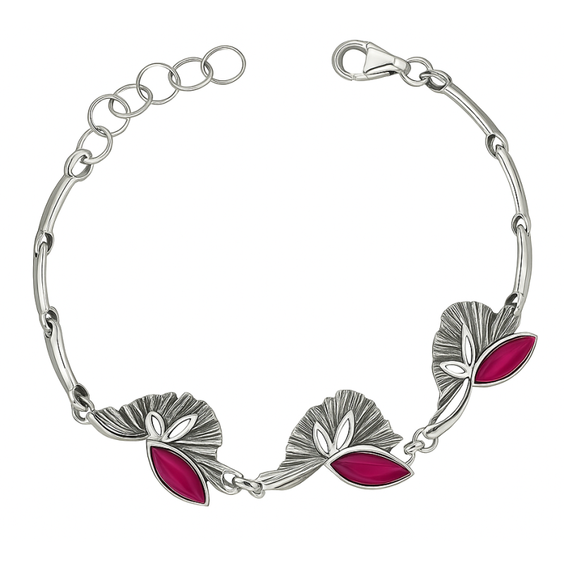 Bransoleta srebrna wachlarze z malinowymi kamieniami