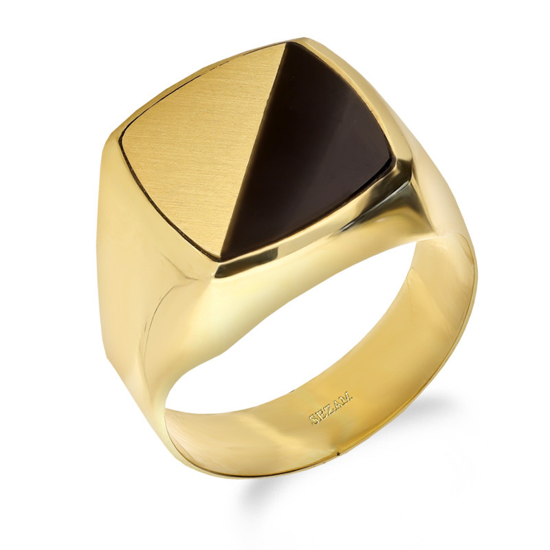 Sygnet złoty męski kwadrat obły w połowie z onyksem jubilerskim