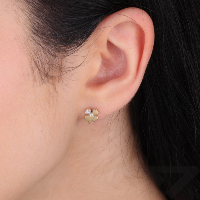 Kolczyki złote koniczynka z białymi cyrkoniami i łodygą próba 585