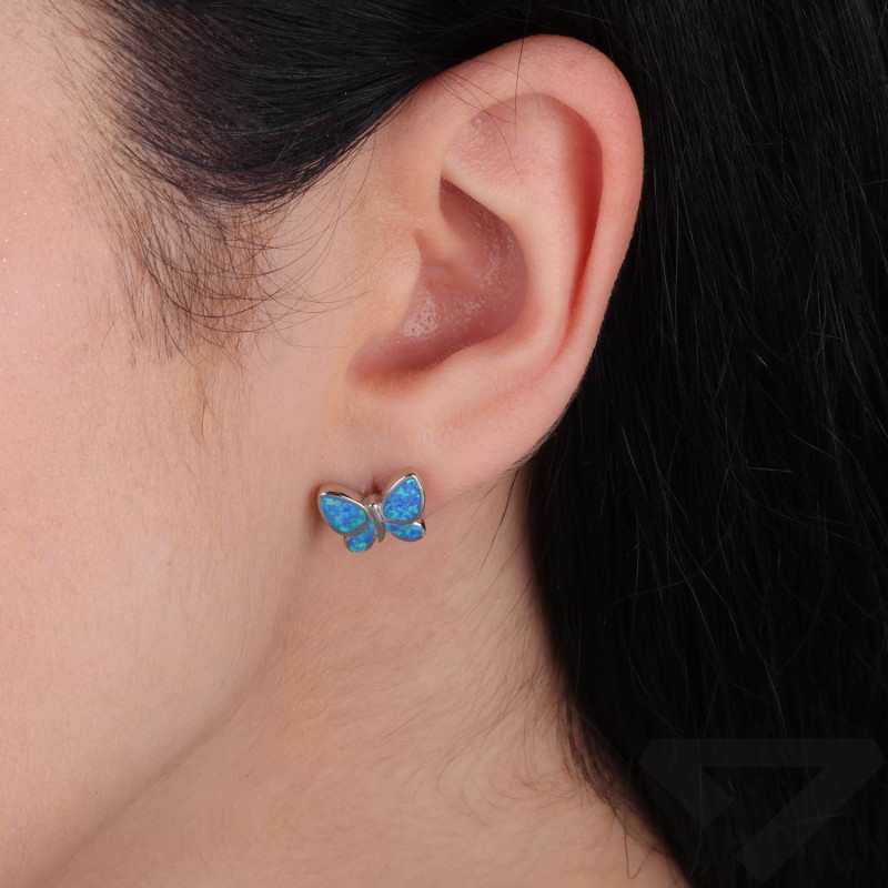 Kolczyki srebrne motylki z kamieniem jubilerskim opalem niebieskim