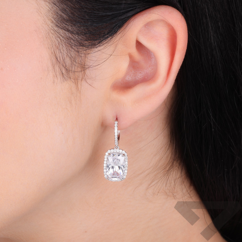 Kolczyki srebrne kółka z cyrkonią z wiszącą prostokątną markizą