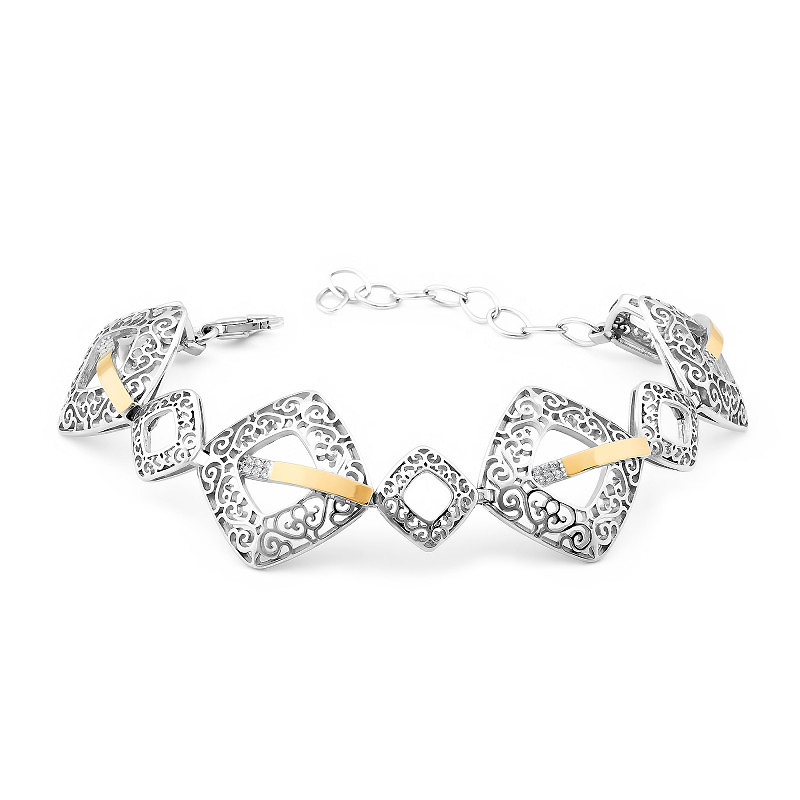 Bransoleta srebrna ażurowe kwadraty ze złotymi elementami