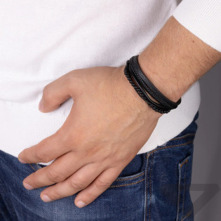 Bransoleta stalowa pięć splecionych skórzanych pasków koloru czarnego