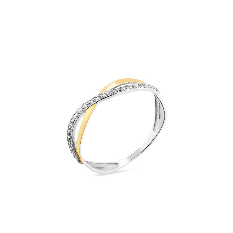 Pierścionek srebrny fala z cyrkoniami i złotą blaszką