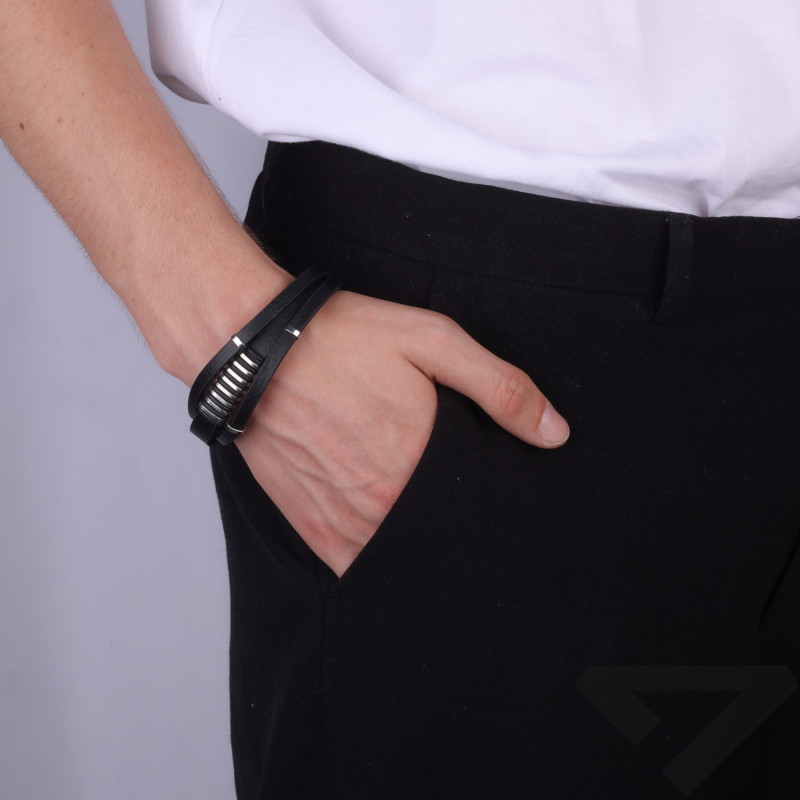 Bransoleta męska stalowa z potrójnymi skórzanymi paskami