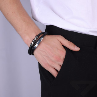 Bransoleta męska potrójna ze skóry z blaszką i beczułkami