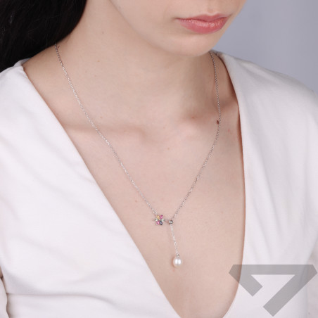 Naszyjnik srebrny z perłą i naturalnymi kolorwymi szafirami