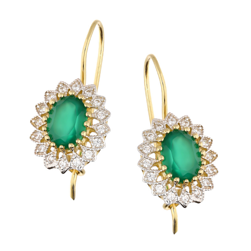 Kolczyki złote owalna markiza z zieloną cyrkonią próba 585