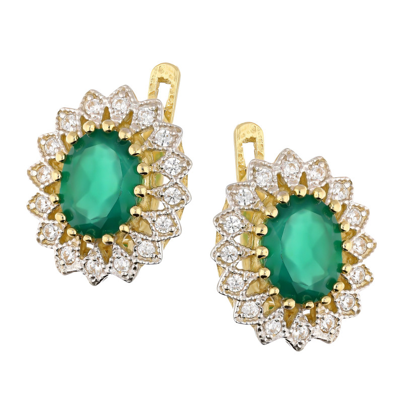 Kolczyki złote owalna markiza z zieloną cyrkonią próba 585