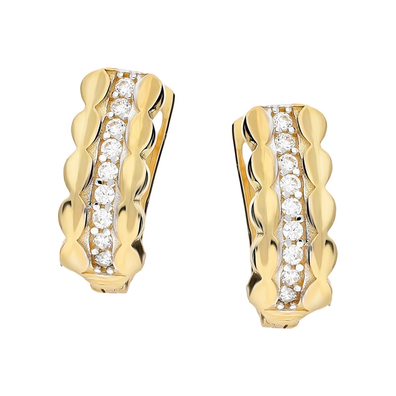 Kolczyki złote blaszki tłoczone bokiem i cyrkonie środkiem