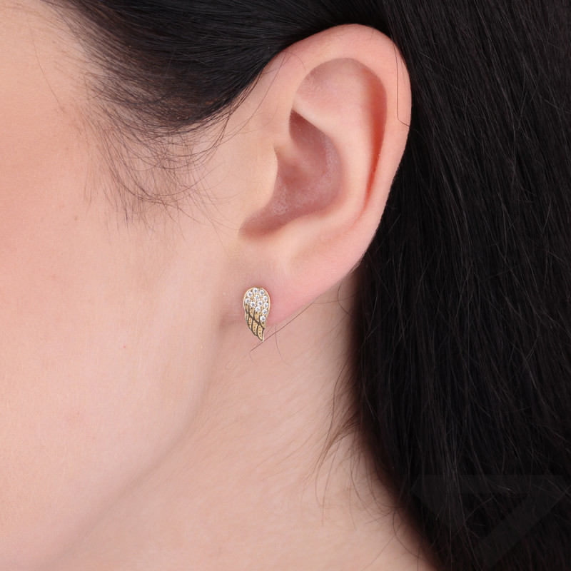 Kolczyki złote skrzydło z białymi cyrkoniami