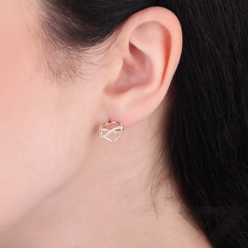 Kolczyki złote serce ramka i infinity z cyrkoniami