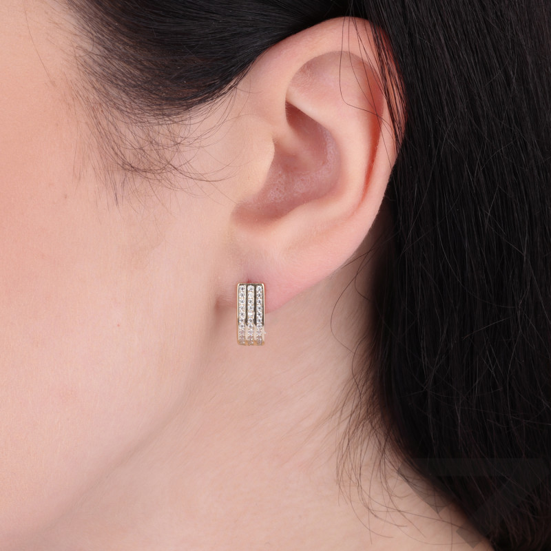 Kolczyki złote trzy rzędy białych cyrkonii