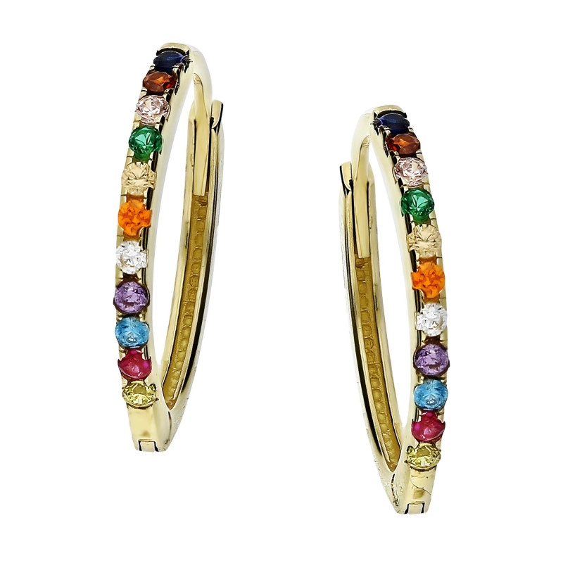 Kolczyki złote kółka rings z kolorowymi cyrkoniami