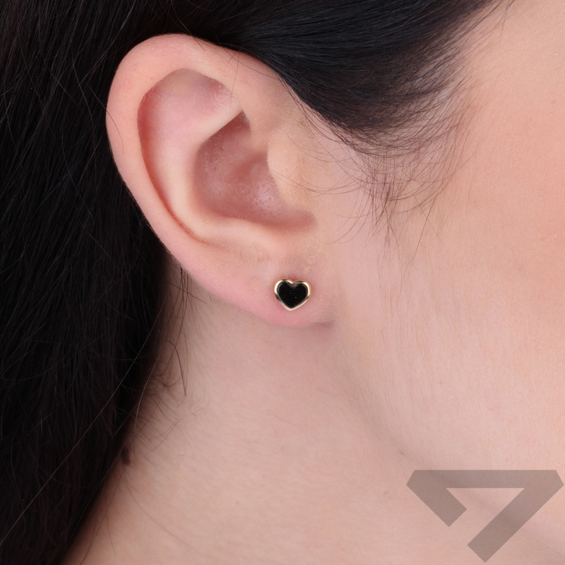 Kolczyki złote serce agat czarny jubilerski gładka oprawa