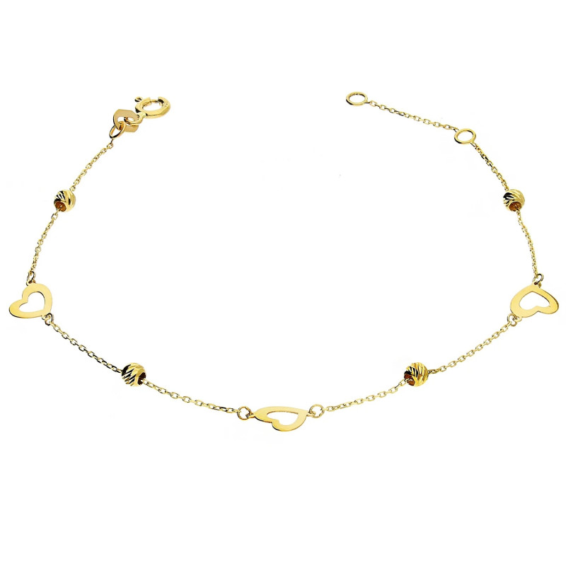 Bransoleta złota damska z sercami i kulkami grawerowanymi