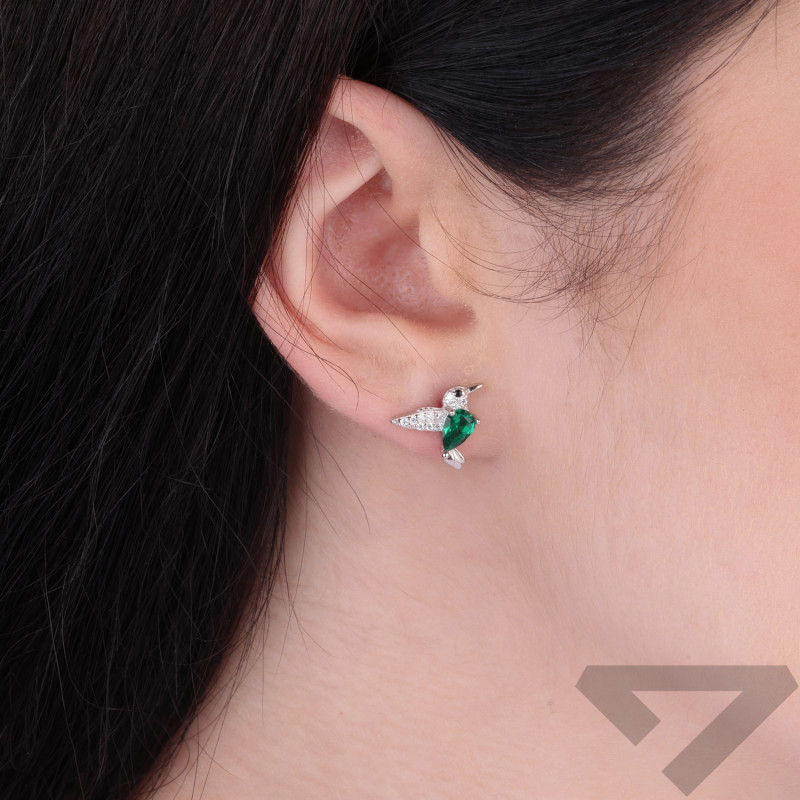 Kolczyki srebrne ptak koliber z cyrkonii białej i zielonej