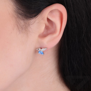 Kolczyki srebrny ptak koliber z cyrkonii białej i błękitnej