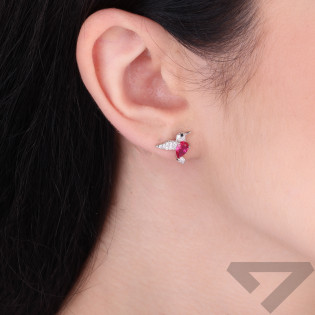 Kolczyki srebrne ptak koliber z cyrkonii białych i w kolorze fuksji