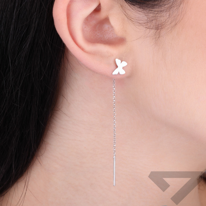 Kolczyki srebrne pełny motyl przeciągany na łańcuszku rolo