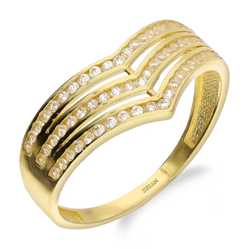 Pierścionek złoty Wishbone trzy rzędy cyrkonii próba 375