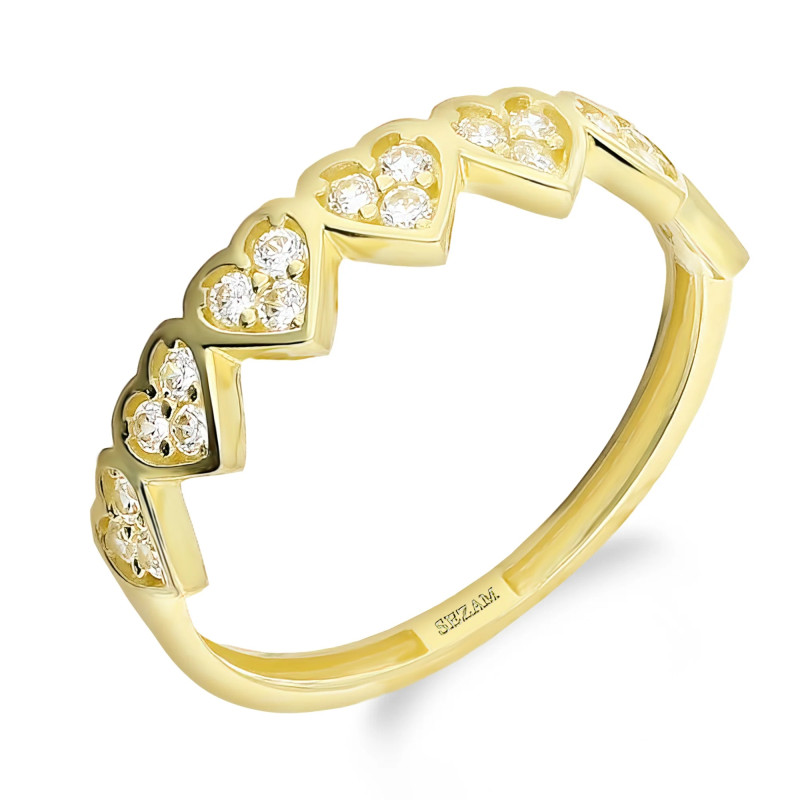 Pierścionek złoty serca na szynie z cyrkoniami