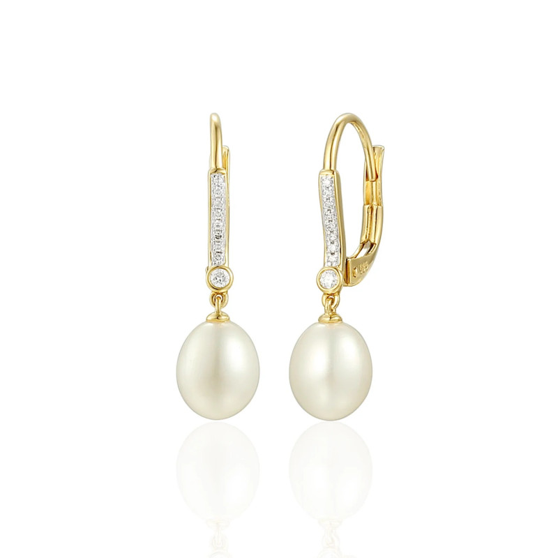Kolczyki złote z naturalną perłą w kształcie kropli z diamentami 0,08 ct
