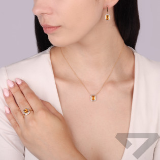 Pierścionek złoty prostokątna Markiza z diamentami i cytrynem