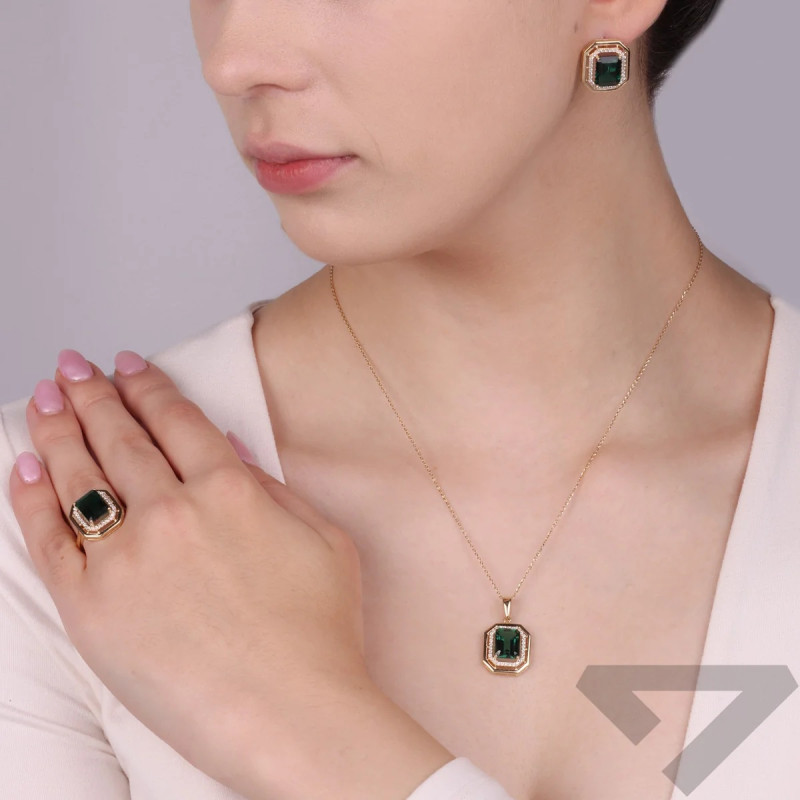 Zawieszka złota Markiza prostokąt z zieloną cyrkonią
