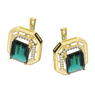 Kolczyki złote Markiza prostokątna z zieloną cyrkonią