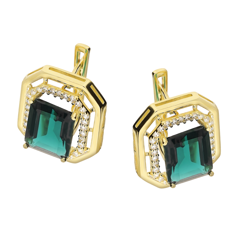 Kolczyki złote Markiza prostokątna z zieloną cyrkonią