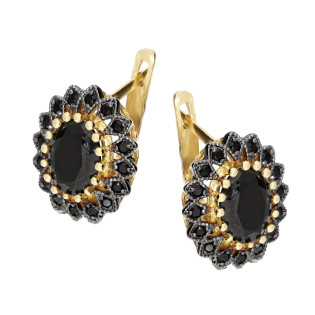 Kolczyki złote owalna Markiza z czarnymi cyrkoniami i rutenem