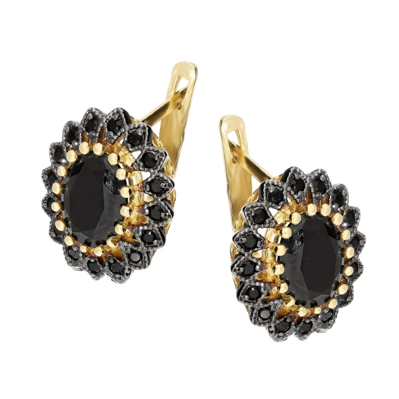 Kolczyki złote owalna Markiza z czarnymi cyrkoniami i rutenem