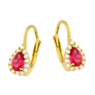 Kolczyki złote markiza kropla z ciemno-różową cyrkonią próba 585