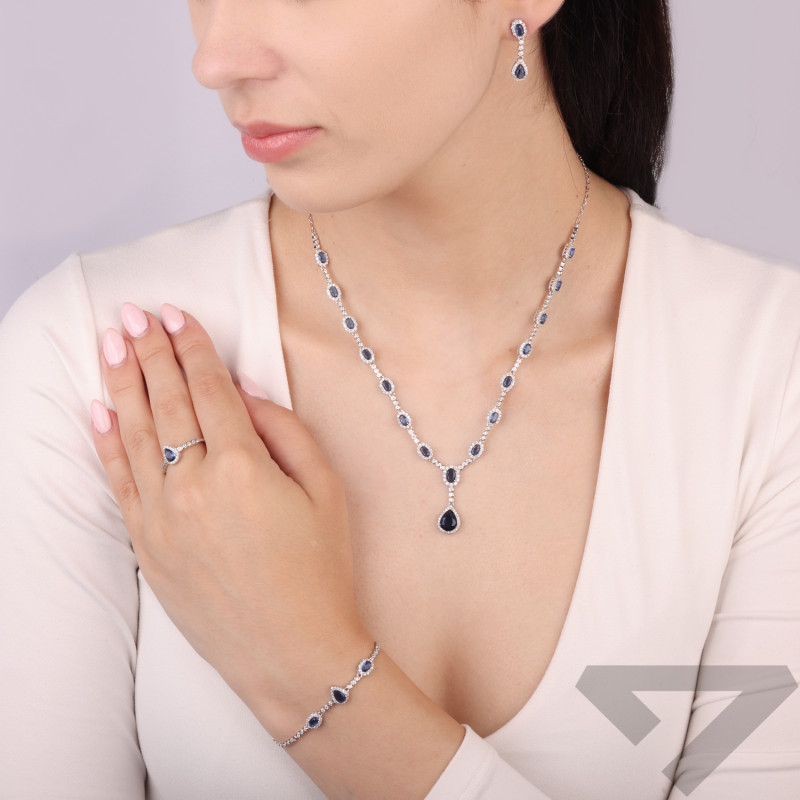 Bransoleta srebrna Markiza owal i łezka z cyrkonią szafirową