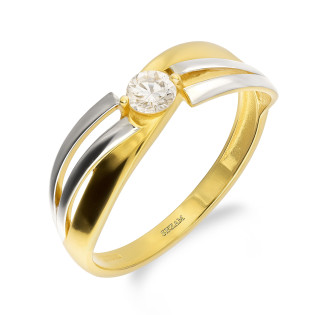 Pierścionek złoty z białą cyrkonią w dwukolorowej szynie