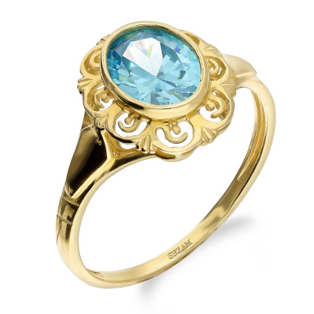 Pierścionek złoty z owalną jasno-niebieską cyrkonią próba 585